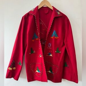 1950’s Mexican Red Embroidered Tourist Jacket wool, yarn. Vintage. Medium
